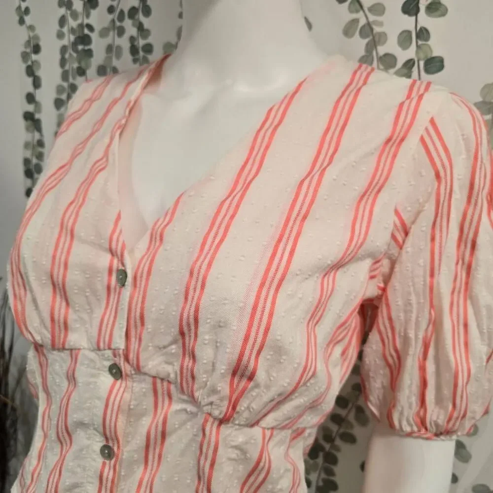 The Good Jane Striped Button Front Peplum Top Puff Sleeve NWOT Size Small (Measu